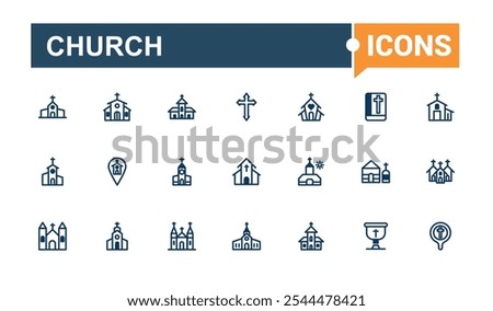 Set of Church line icons. Related to house, structure, christ, catholic, temple, building, doctrine and more. Minimalistic web and UI icons. Vector illustration in modern line style.