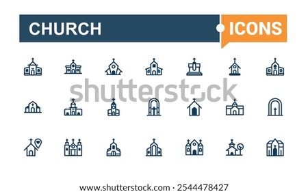 Set of Church line icons. Related to house, structure, christ, catholic, temple, building, doctrine and more. Minimalistic web and UI icons. Vector illustration in modern line style.