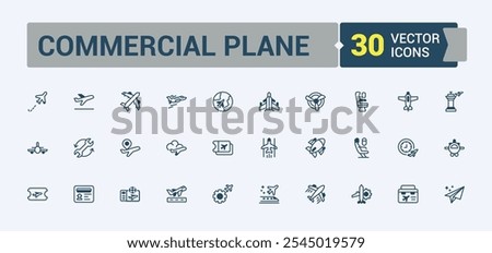 Airplane icons in linear style. Related to commercial, fly, airliner, air, flight, jet and more. Flat UI icon design. Editable stroke.