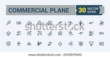 Airplane icons in linear style. Related to commercial, fly, airliner, air, flight, jet and more. Flat UI icon design. Editable stroke.