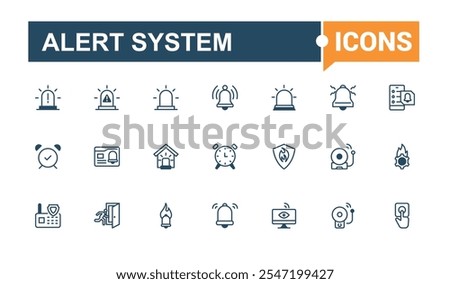 Alert System icon set. Contains such icons as information, alert, caution, fire alarm, timer, time, warning, risk. Perfect for logos and infographics. Vector outline and solid icons collection.