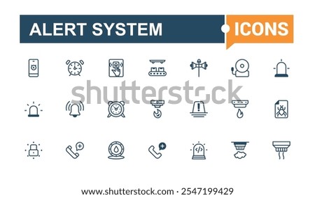 Alert System icon set. Contains such icons as information, alert, caution, fire alarm, timer, time, warning, risk. Perfect for logos and infographics. Vector outline and solid icons collection.