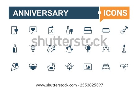 Anniversary icons set in line style. Contains such icons as anniversary, banquet, balloons, celebration, balloons and more. Simple web icons. Vector outline and solid icons collection.