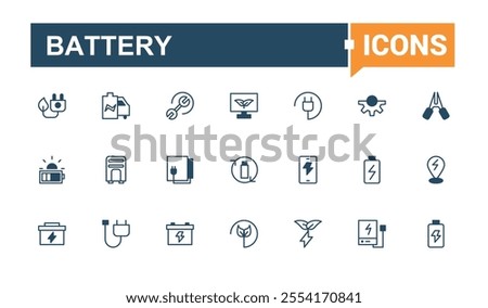 Battery line icons set. Featuring charger, volt, level, status, energy and more. Simple icon designs. Editable vector outline and solid icons.