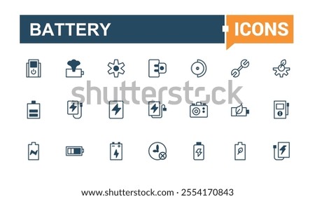 Battery line icons set. Featuring charger, volt, level, status, energy and more. Simple icon designs. Editable vector outline and solid icons.