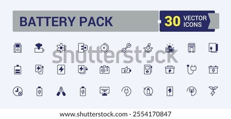 Battery Pack thin line icon set. Includes thin line up, accumulator, empty, eco, lightning, device, full, electricity. Flat UI icon design. Solid line editable stroke. Vector line and solid icons.