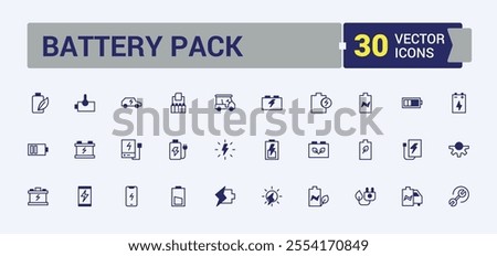 Battery Pack thin line icon set. Includes thin line up, accumulator, empty, eco, lightning, device, full, electricity. Flat UI icon design. Solid line editable stroke. Vector line and solid icons.