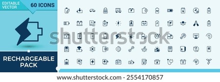 Set of Rechargeable Pack line icons. Containing industry, charging, eco, minus, station, electrical, interface and more. Simple icon designs. Solid line editable stroke. Vector line and solid icons.