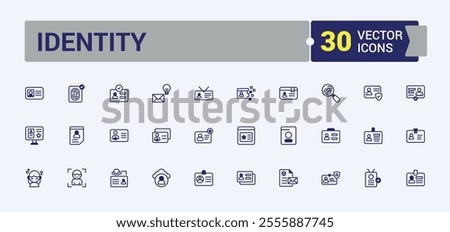 Identity line icons set. Related to authentication, privacy, card, signature, software and more. Outline icon collections. Editable vector outline and solid icons.