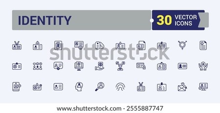 Identity line icons set. Related to authentication, privacy, card, signature, software and more. Outline icon collections. Editable vector outline and solid icons.