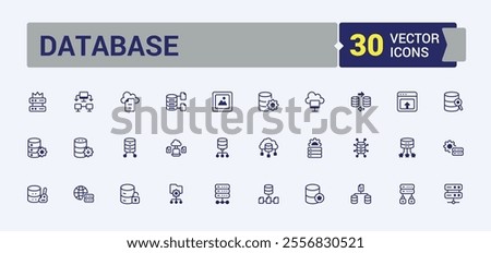 Database vector line icon set. Includes icons for computing, communication, search, base, cloud, website, element and more. Outline icon collections. Editable vector outline and solid icons.