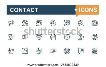 Contact thin line icon set. Related to address, message, 5on, page, support, mobile, calendar, business. Editable vector outline and solid icons.