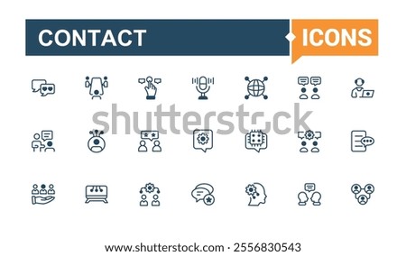 Contact thin line icon set. Related to address, message, 5on, page, support, mobile, calendar, business. Editable vector outline and solid icons.