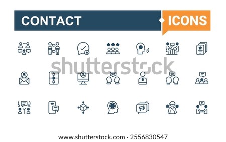 Contact thin line icon set. Related to address, message, 5on, page, support, mobile, calendar, business. Editable vector outline and solid icons.