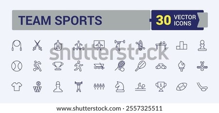 Team Sports line icons set. Includes thin line timer, line, shoes, soccer ball, medical, medal, play and more. Outline symbol collection. Editable vector illustration.