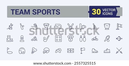 Team Sports line icons set. Includes thin line timer, line, shoes, soccer ball, medical, medal, play and more. Outline symbol collection. Editable vector illustration.