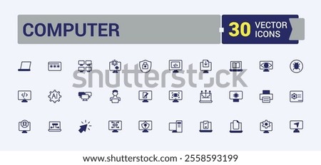 Computer icon set. Contains related to keyboard, pc, sync, display, laptop, computer, mouse and more. Modern thin icons. Solid line editable stroke.