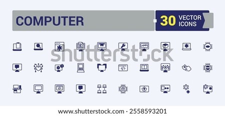 Computer icon set. Contains related to keyboard, pc, sync, display, laptop, computer, mouse and more. Modern thin icons. Solid line editable stroke.