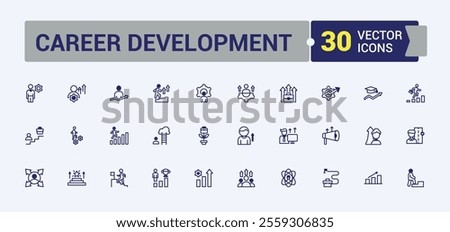 Career Development icons set in linear style. Featuring month, meeting, schedule, search, website, management, web, line. Simple icon designs. Vector outline and solid icons collection.