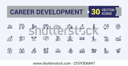 Career Development icons set in linear style. Featuring month, meeting, schedule, search, website, management, web, line. Simple icon designs. Vector outline and solid icons collection.