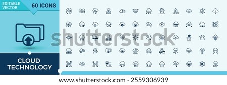 Cloud Technology icon set. Includes icons for setting, database, digital, connect, backup, internet, server and more. Outline icon. Solid line editable stroke.