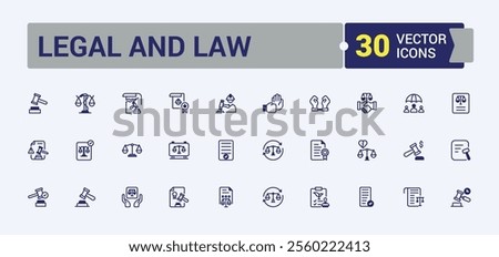 Legal And Law icon collection. Containing right, business, legal, law enforcement, Justice, judge, criminal, defense and more. Web icons. Editable vector outline and solid icons.