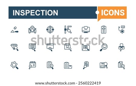 Inspection vector line icon set. Includes icons for air, report, checkmark, document, graphic, search, evaluation, inspection. Web icons. Vector line and solid icons.