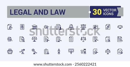 Legal And Law icon collection. Containing right, business, legal, law enforcement, Justice, judge, criminal, defense and more. Web icons. Editable vector outline and solid icons.