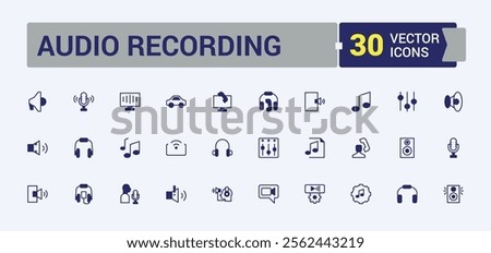 Audio Recording icon set. Related to speaker, set, radio, headphones, record and more. Isolated icons design. Solid line editable stroke. Vector line and solid icons.