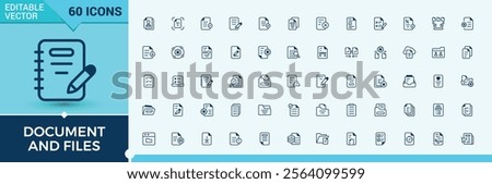 Document And Files icon pack. Contains such icons as document, form, report, letter, page and more. Thin UI icon design. Editable stroke. Vector illustration.