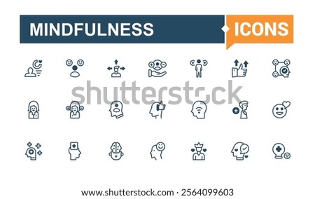 Mindfulness icon set. Includes icons for emot, Positive Thinking, good, attitude, courage, think, mindedness, loved. Collection for mobile and web apps. Solid line editable stroke.