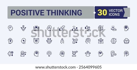 Positive Thinking icon set. Contains related to emot, attitude, laugh, courage, optimism, psychology, happy and more. Symbol. Editable vector outline and solid icons.