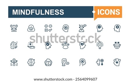 Mindfulness icon set. Includes icons for emot, Positive Thinking, good, attitude, courage, think, mindedness, loved. Collection for mobile and web apps. Solid line editable stroke.