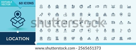 Location icon set. Featuring journey, geo, search, marker, off, web, travel, here. Thin outline icons pack. Vector outline and solid icons collection.