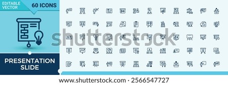 Presentation Slide vector line icon set. Containing meeting, audience, plan, presentation, manage, seminar and more. Perfect for logos and infographics. Outline and solid pictogram.