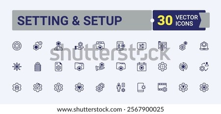 Setting And Setup icon pack. Icons gear, settings, application, rebuild, process, setup, control, recovery. Outline icon. Editable vector outline and solid icons.