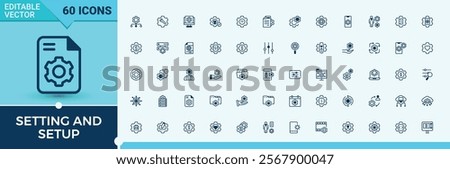 Setting And Setup icon set. It contains symbols to data, fix, application, engine, internet, software, ui, support. Symbol. Solid line editable stroke. Vector line and solid icons.