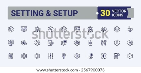 Setting And Setup icon pack. Icons gear, settings, application, rebuild, process, setup, control, recovery. Outline icon. Editable vector outline and solid icons.