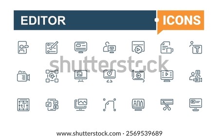 Editor icon set. Contains related to file, button, graphic, editing, element, website, write and more. Outline symbol collection. Editable vector stroke.