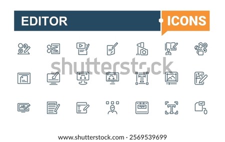 Editor icon set. Contains related to file, button, graphic, editing, element, website, write and more. Outline symbol collection. Editable vector stroke.