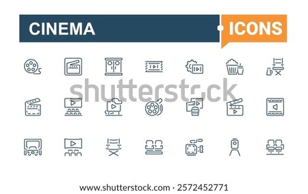 Cinema icons. Contains related to video, projector, movie, ticket, media, strip and more. Thin linear style icons. Vector illustration in modern line style.