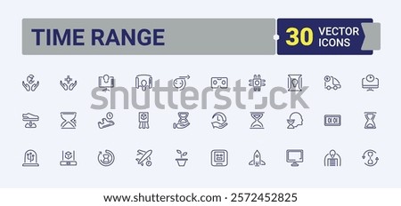 Time Range linear icon collection. Includes icons for hourglass, event, agenda, hour, 9s, duration, sand and more. Minimal linear icons. Editable vector icon and illustration.