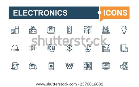 Electronics lined icons set. Contains such icons as devices, tick, electronic, equipment, tv, drive, camera and more. Flat UI icon design. Solid line editable stroke. Vector line and solid icons.