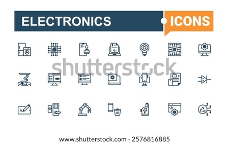 Electronics lined icons set. Contains such icons as devices, tick, electronic, equipment, tv, drive, camera and more. Flat UI icon design. Solid line editable stroke. Vector line and solid icons.