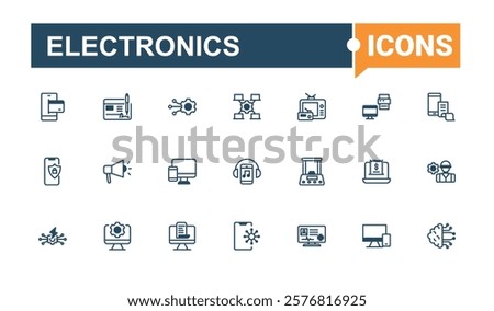 Electronics lined icons set. Contains such icons as devices, tick, electronic, equipment, tv, drive, camera and more. Flat UI icon design. Solid line editable stroke. Vector line and solid icons.