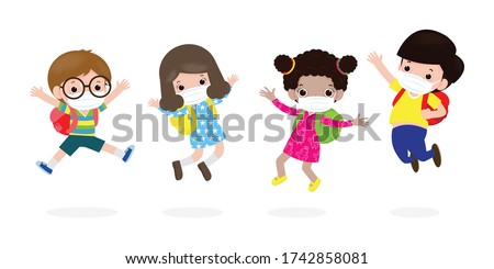 Back to school for new normal lifestyle concept. happy kids jumping wearing face mask protect corona virus or covid 19, group of children and friends go to school isolated on white background Vector