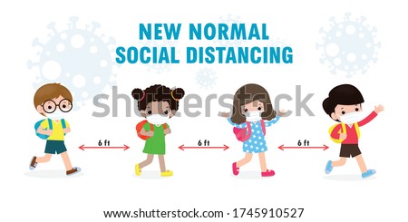 Back to school for new normal lifestyle concept. happy kids wearing face mask and social distancing protect coronavirus covid 19, group of children and friends go to school isolated on background