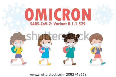 Group of Kids wearing face mask go to school in panic from particles of Omicron 21 Covid variant B.1.1.529. Coronavirus spreading on south africa isolated on white background vector illustration
