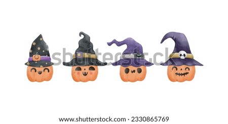 set of jack o lantern pumpkin wearing witch hat watercolor Happy Halloween holiday. Orange pumpkin with smile design for trick or Treating symbol isolated on white background Vector illustration