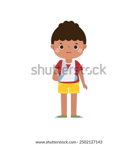 kid injured with broken arm in gypsum. cute cartoon disabled character broken arm in plaster. isolated on white background Vector illustration